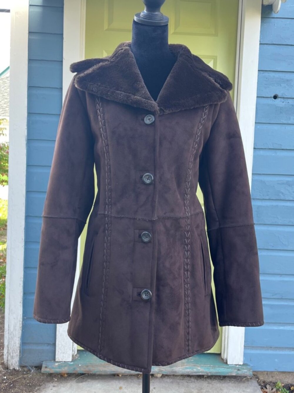 Vintage 90s Long Coat Faux Fur Suede Chocolate Brown Penny Lane Embroidered M
